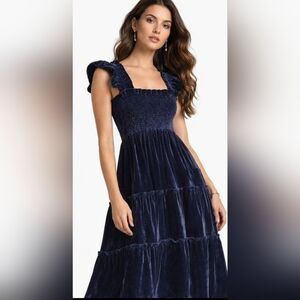 New O.P.T Blue Velvet Smocked Flutter Sleeves Maxi Dress Tiered One Pretty Time